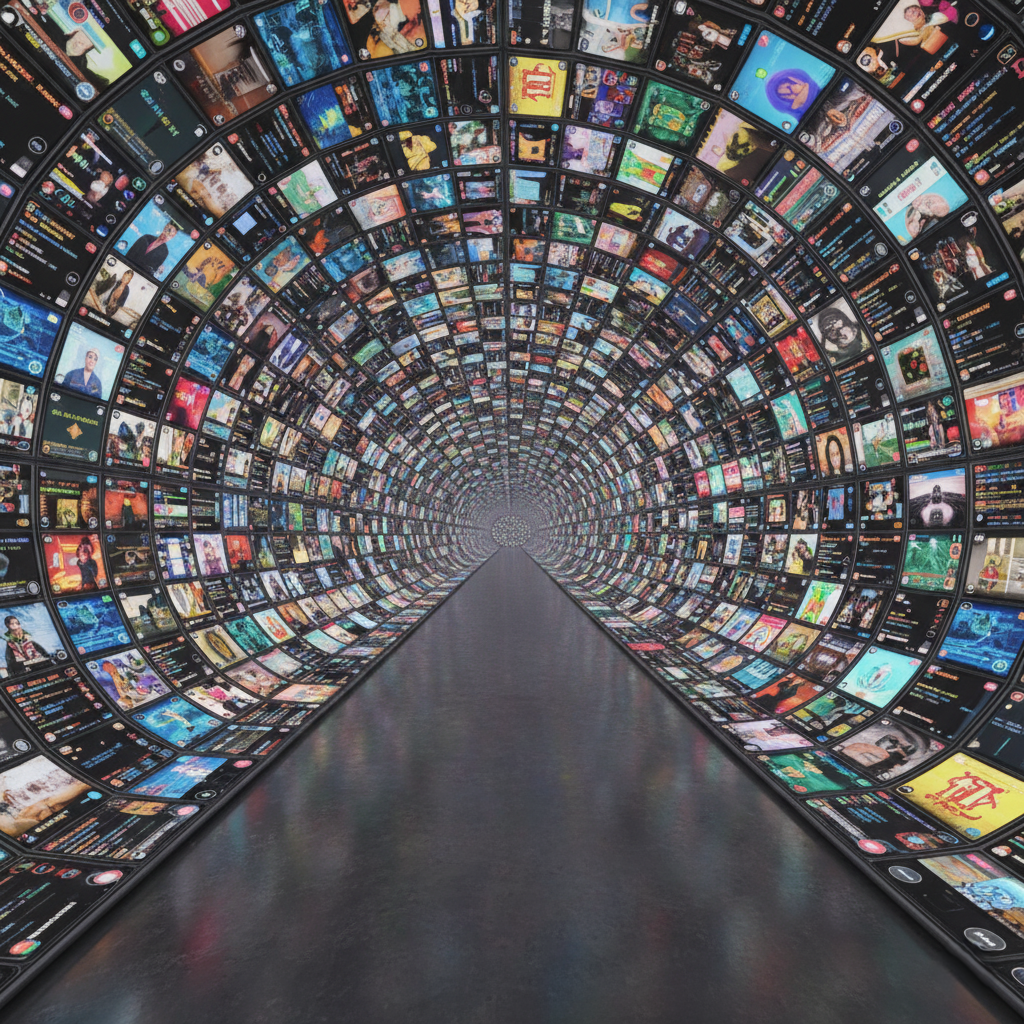 Conceptual digital art showing infinite scrolling through smartphone screens.